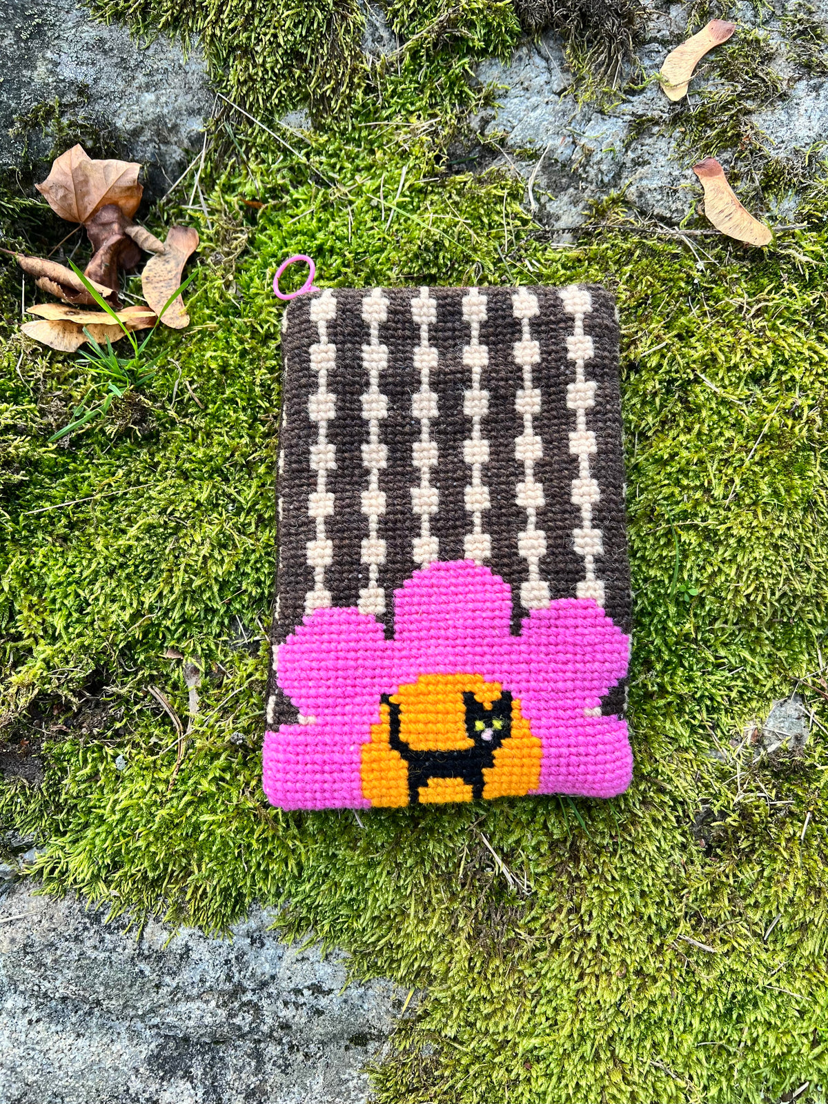 Mobil och glasögonfodral kit ”retrokatten” rosa/brun 13x20cm