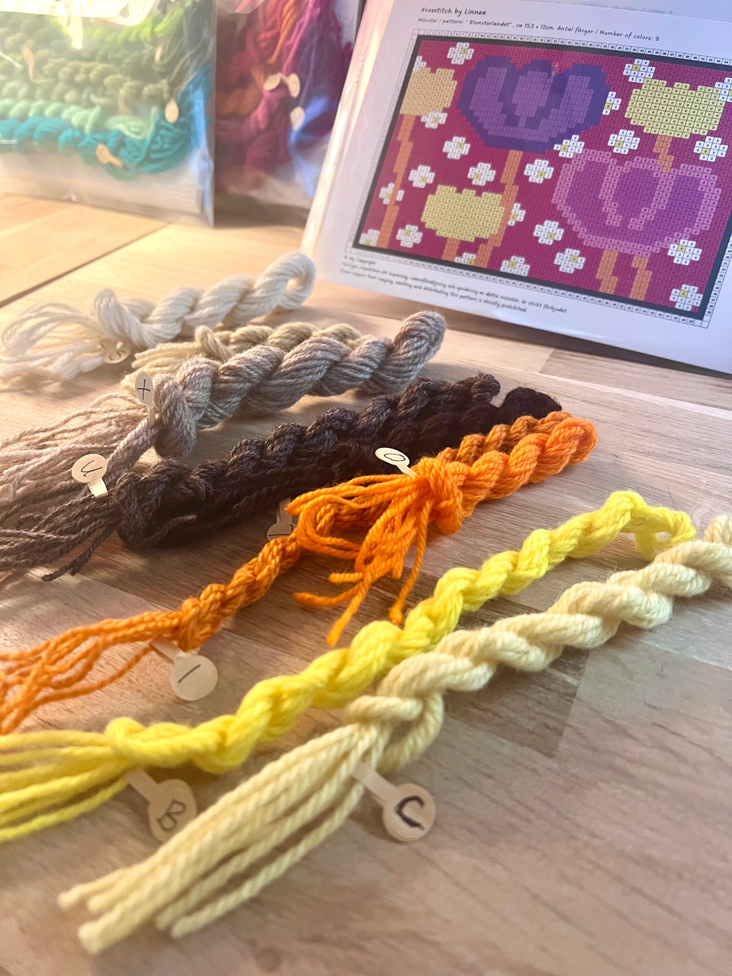 Broderikit med ullgarn blommor och bär