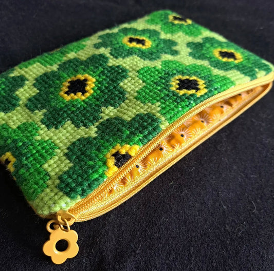 Handgjord unik börs, blommig grön/gul