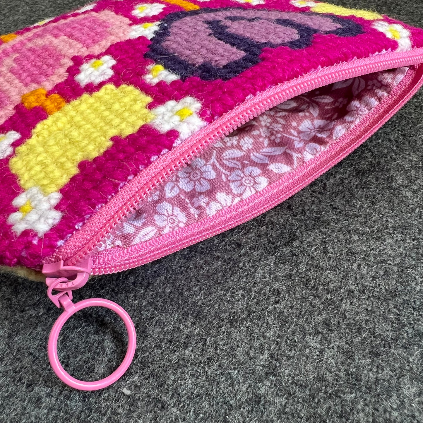 Handgjord unik börs, blomsterlandet rosa/gul 12x15cm