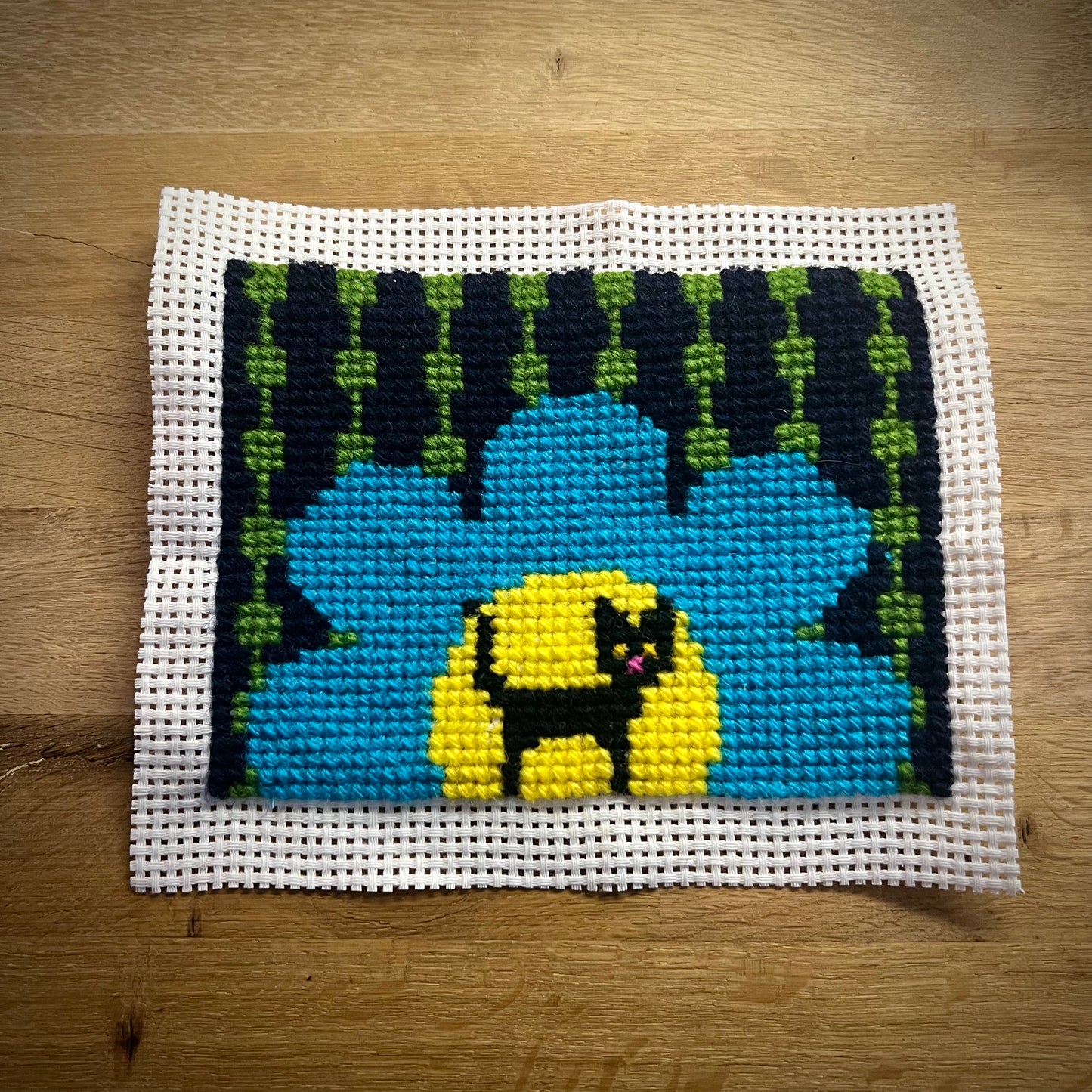 Handgjord unik börs ”retrokatten” turkos/blå/grön 12x14,5cm