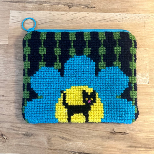 Handgjord unik börs ”retrokatten” turkos/blå/grön 12x14,5cm