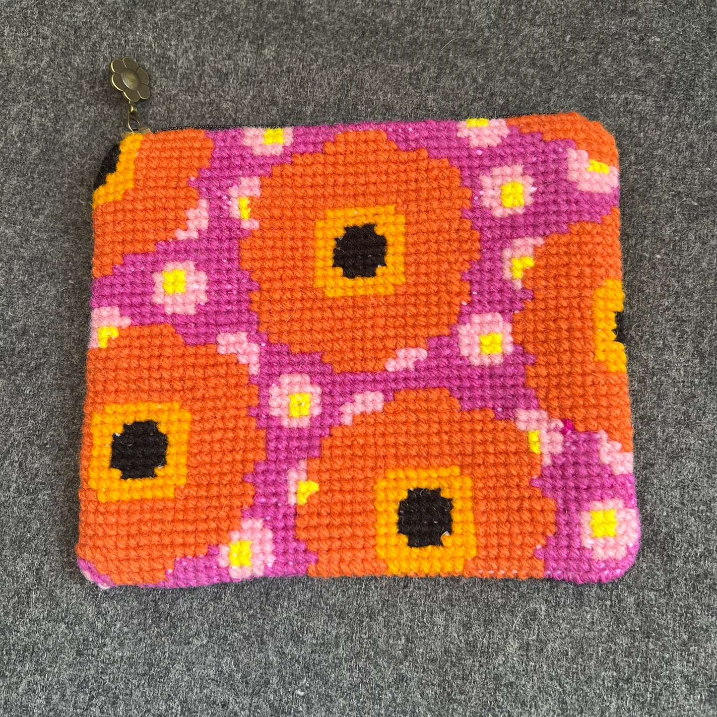Handgjord unik börs, blommor & bär rosa/orange 13,5x15,5cm