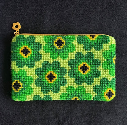 Handgjord unik börs, blommig grön/gul