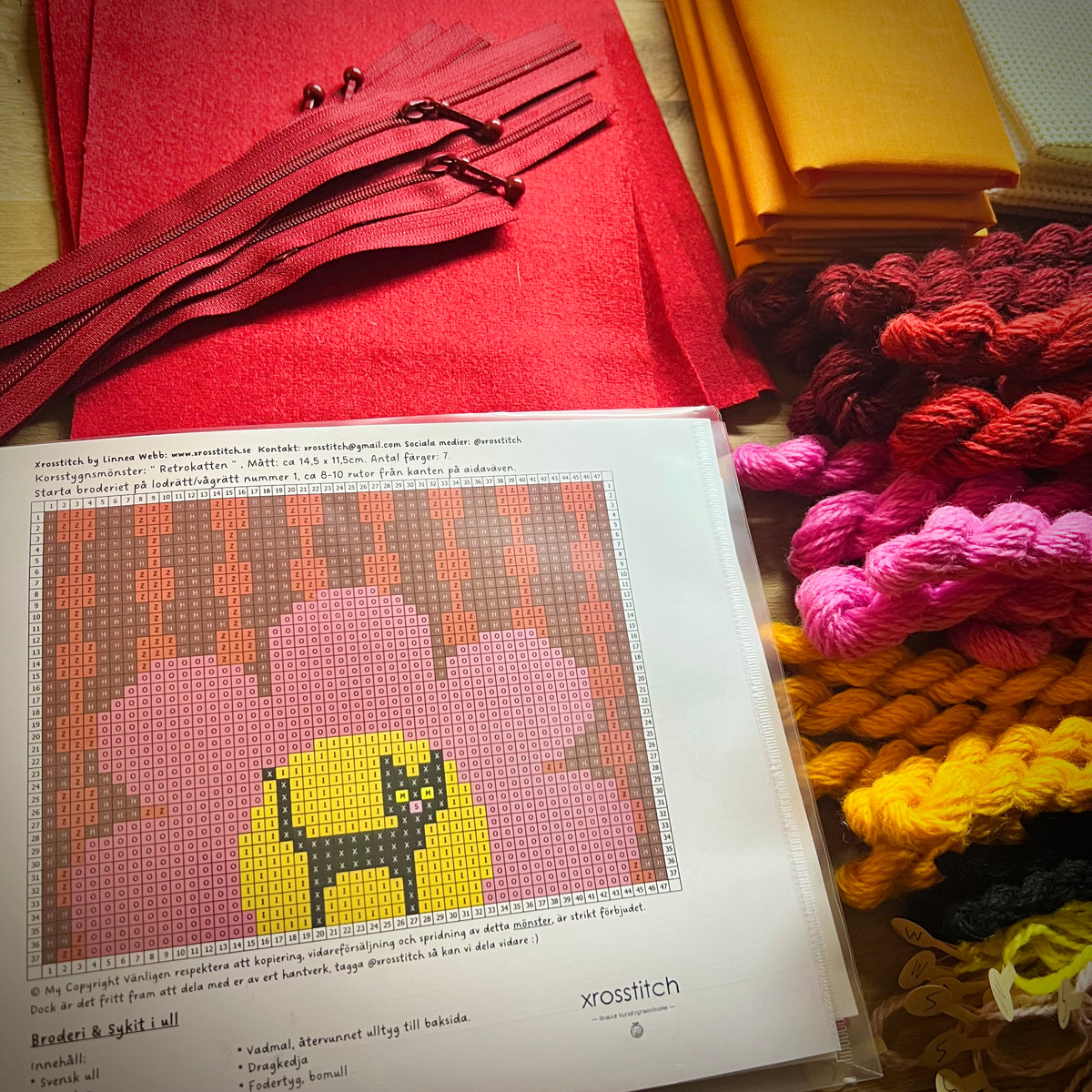 Broderi & sykit, liten börs ”retrokatten” cerice blomma, 11x14cm