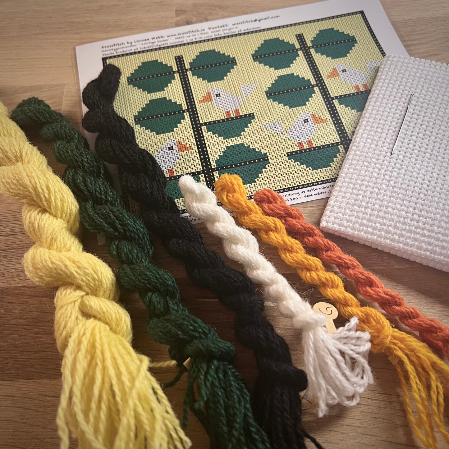 Broderikit med ullgarn ” flörtiga finkar ” 20x15cm