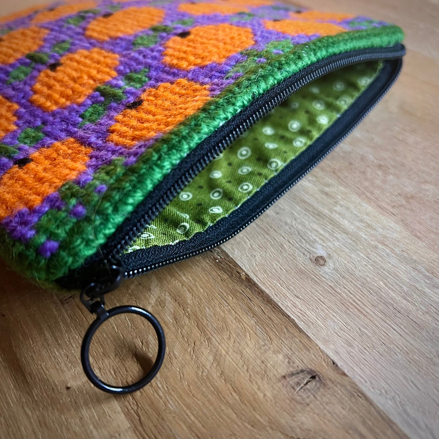 Handgjord unik börs, apelsinträdgård orange/lila/grön