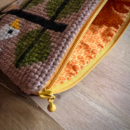 Handgjord unik börs, flörtiga finkar beige/grå/grön 19x15cm