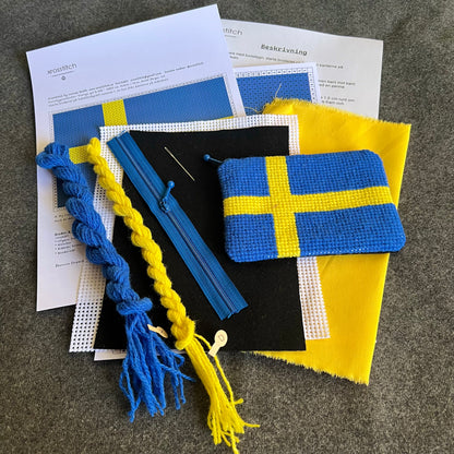 Broderi & sykit, liten börs ”Sverige, gul & blå” 10,5x15cm