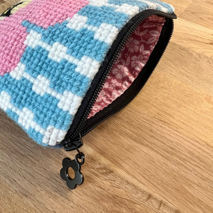 Handgjord unik börs, ”retrokatten” rosa/ljusblå