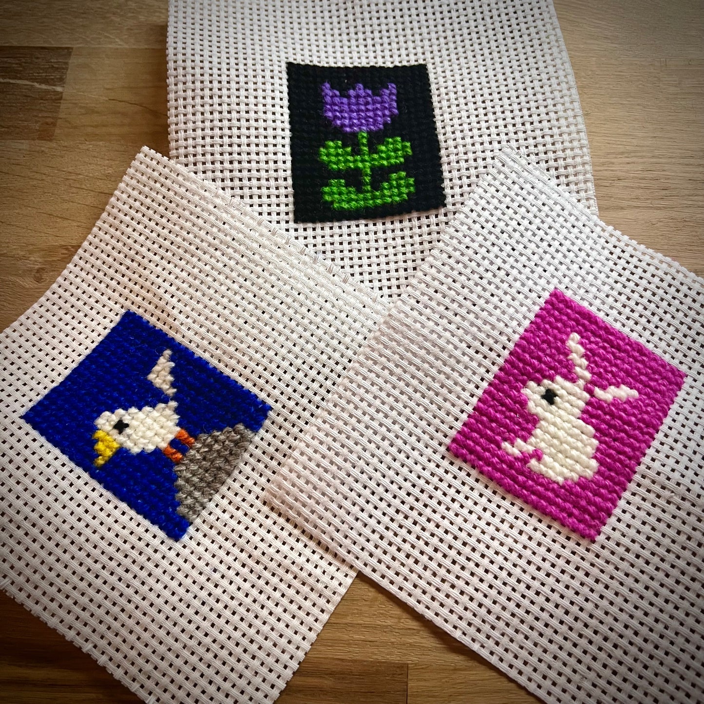 Broderikit med ullgarn, 3st småbroderier, för barn & nybörjare