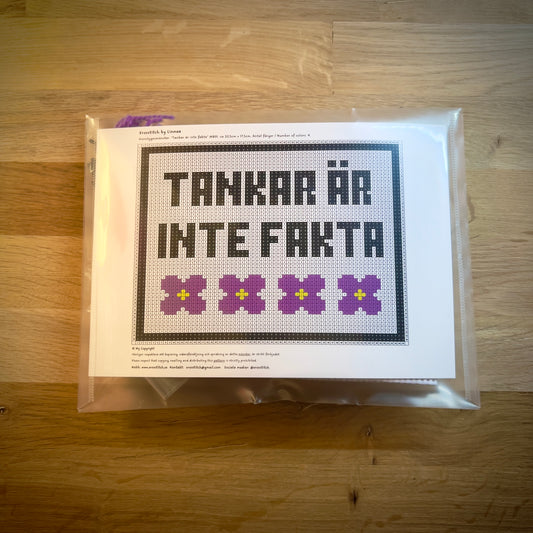 Broderikit med ullgarn, med texten ”tankar är inte fakta” 20,5x17,5cm