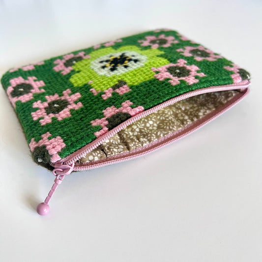 Handgjord unik börs, retro blomma grön/rosa
