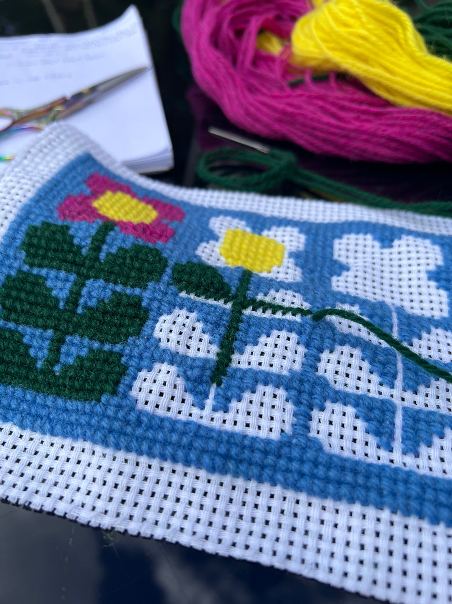 Broderikit med ullgarn ” 3 retroblommor ”