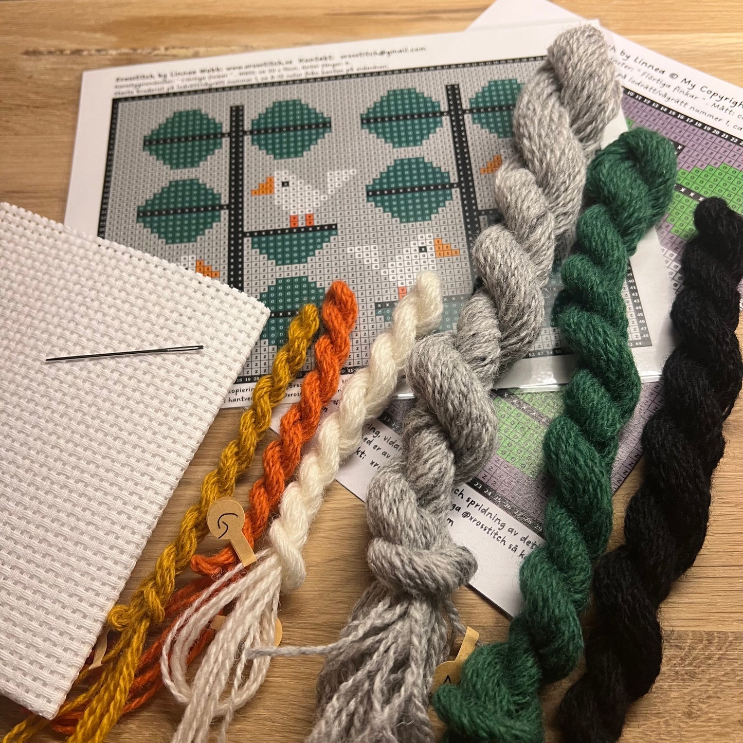 Broderikit med ullgarn ” flörtiga finkar ” 20x15cm