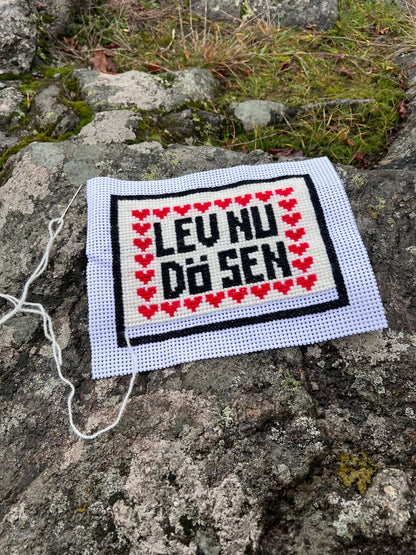 Text broderikit med ullgarn ”Lev nu, dö sen” 18,5x14,5cm