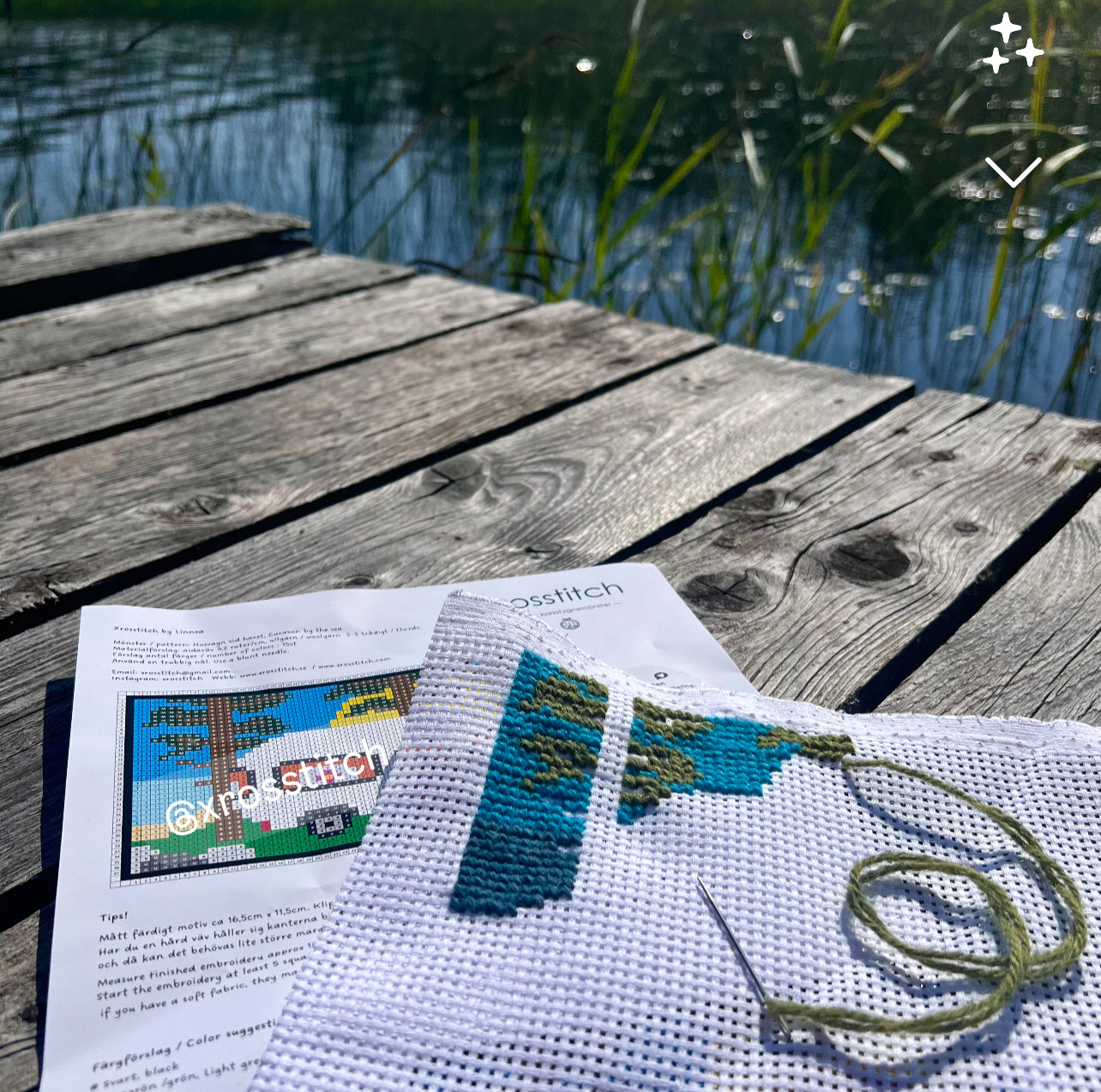 Egendesignat korsstygn mönster broderi med husvagn i svensk natur A4 ark eller pdf fil