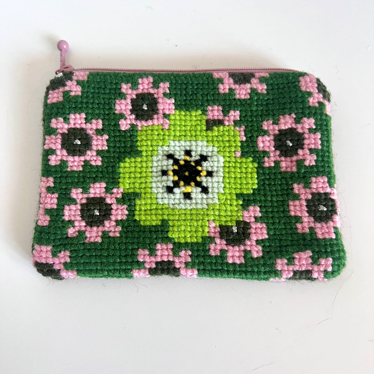 Handgjord unik börs, retro blomma grön/rosa