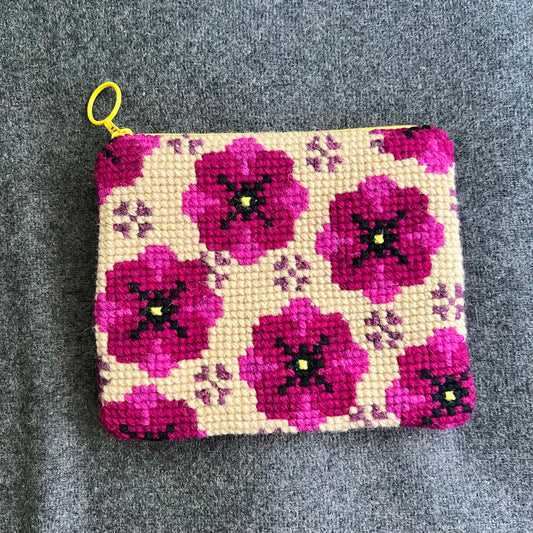Handgjord unik börs, ”poppig petunia” rosa/beige 13x15,5cm
