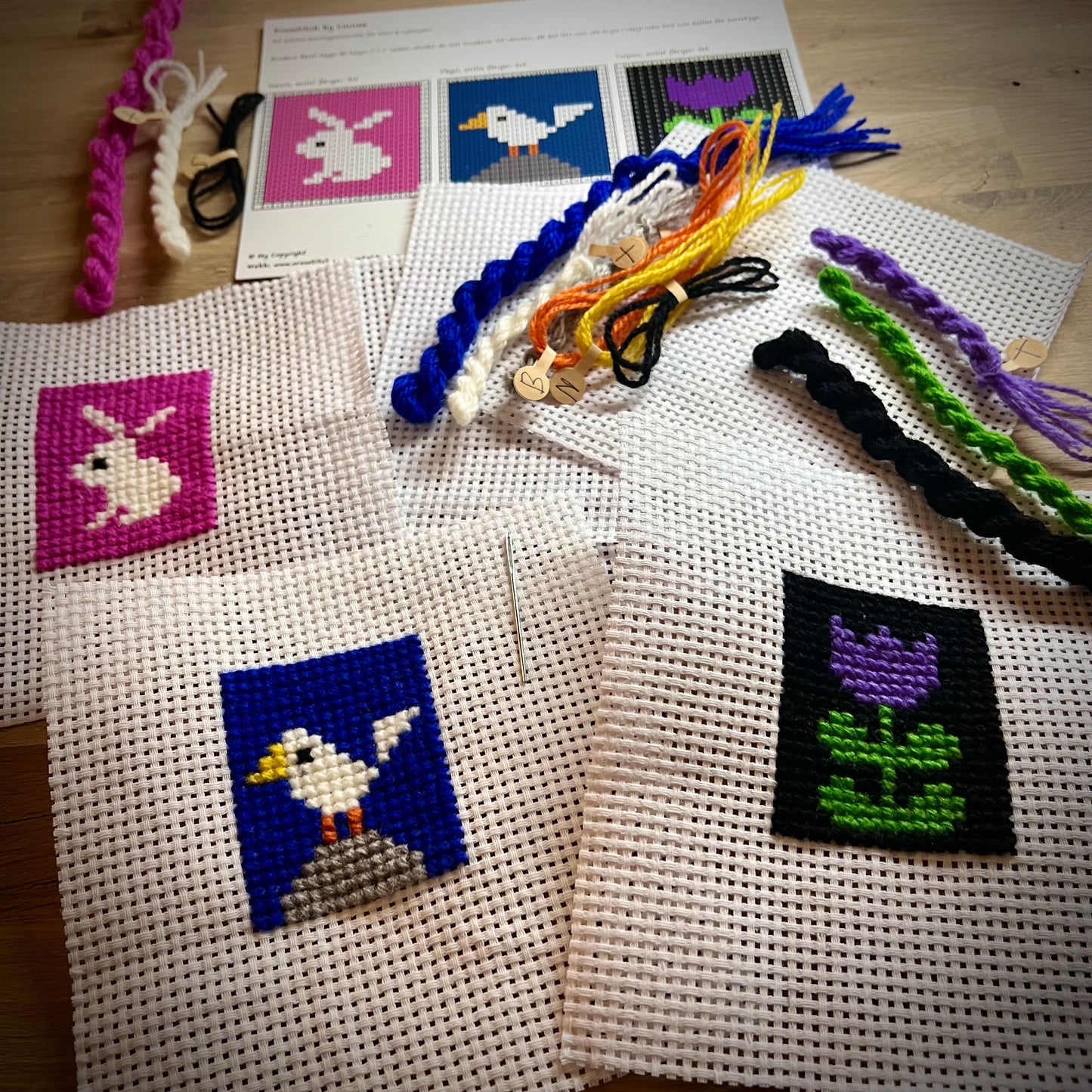 Broderikit med ullgarn, 3st småbroderier, för barn & nybörjare