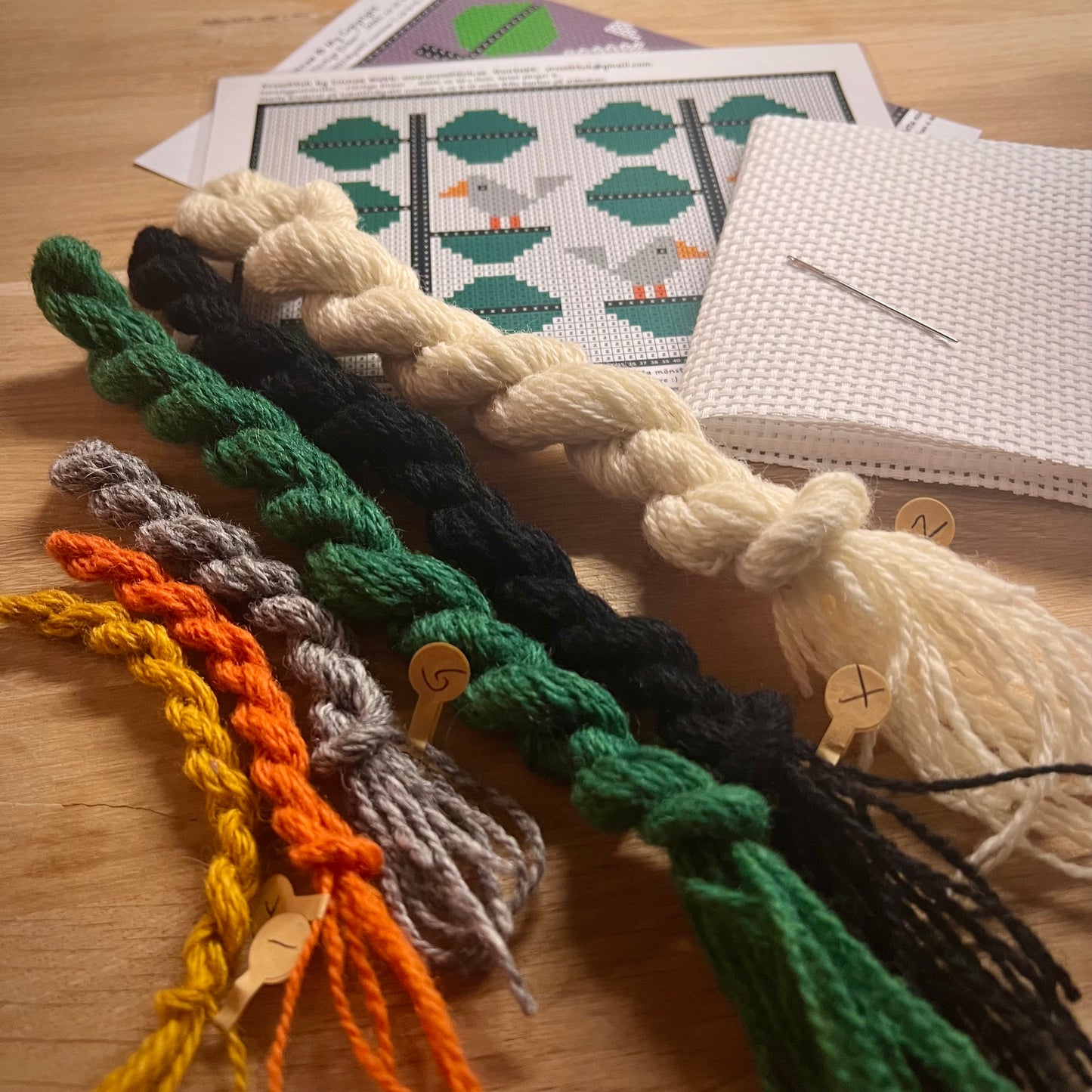 Broderikit med ullgarn ” flörtiga finkar ” 20x15cm