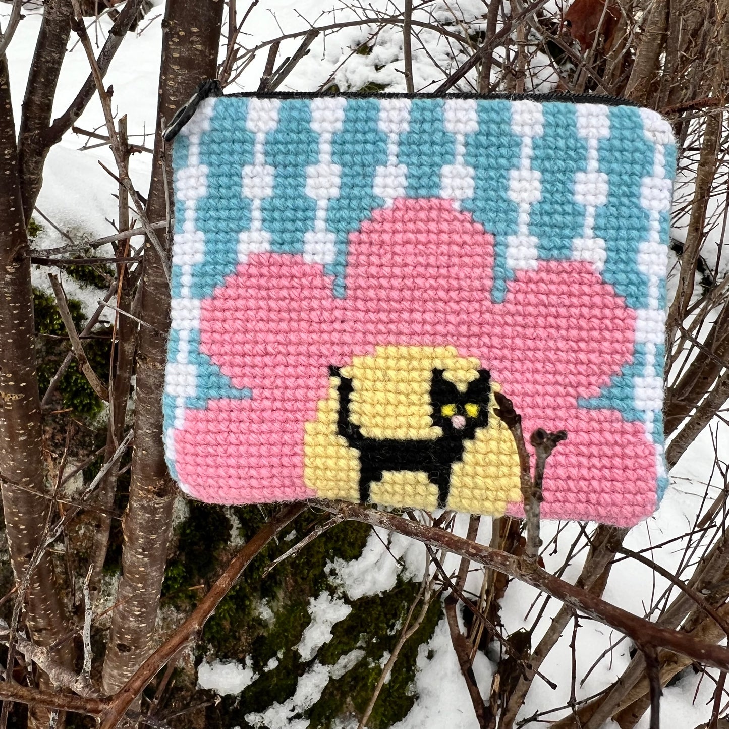 Handgjord unik börs, ”retrokatten” rosa/ljusblå