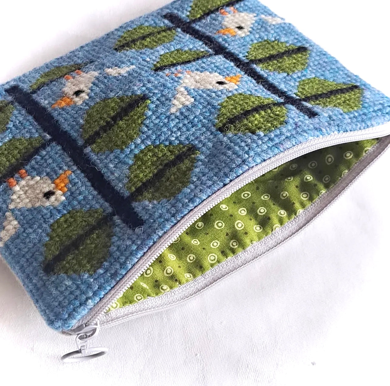 Handgjord unik börs, flörtiga finkar blå