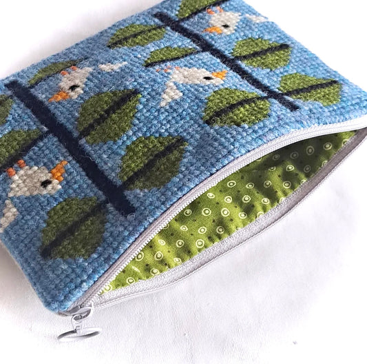 Handgjord unik börs, flörtiga finkar blå