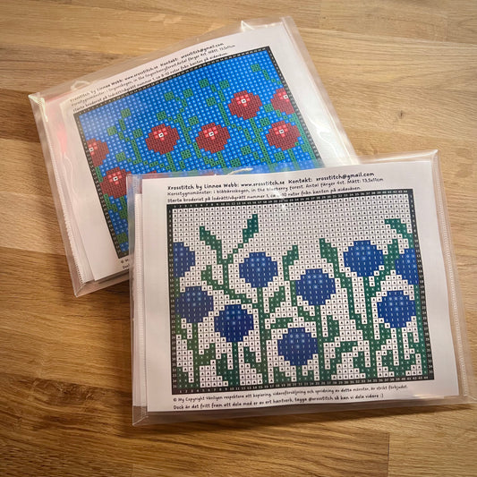 Broderikit med ullgarn ”i blåbär & lingonskogen” , 1 eller 2st broderier