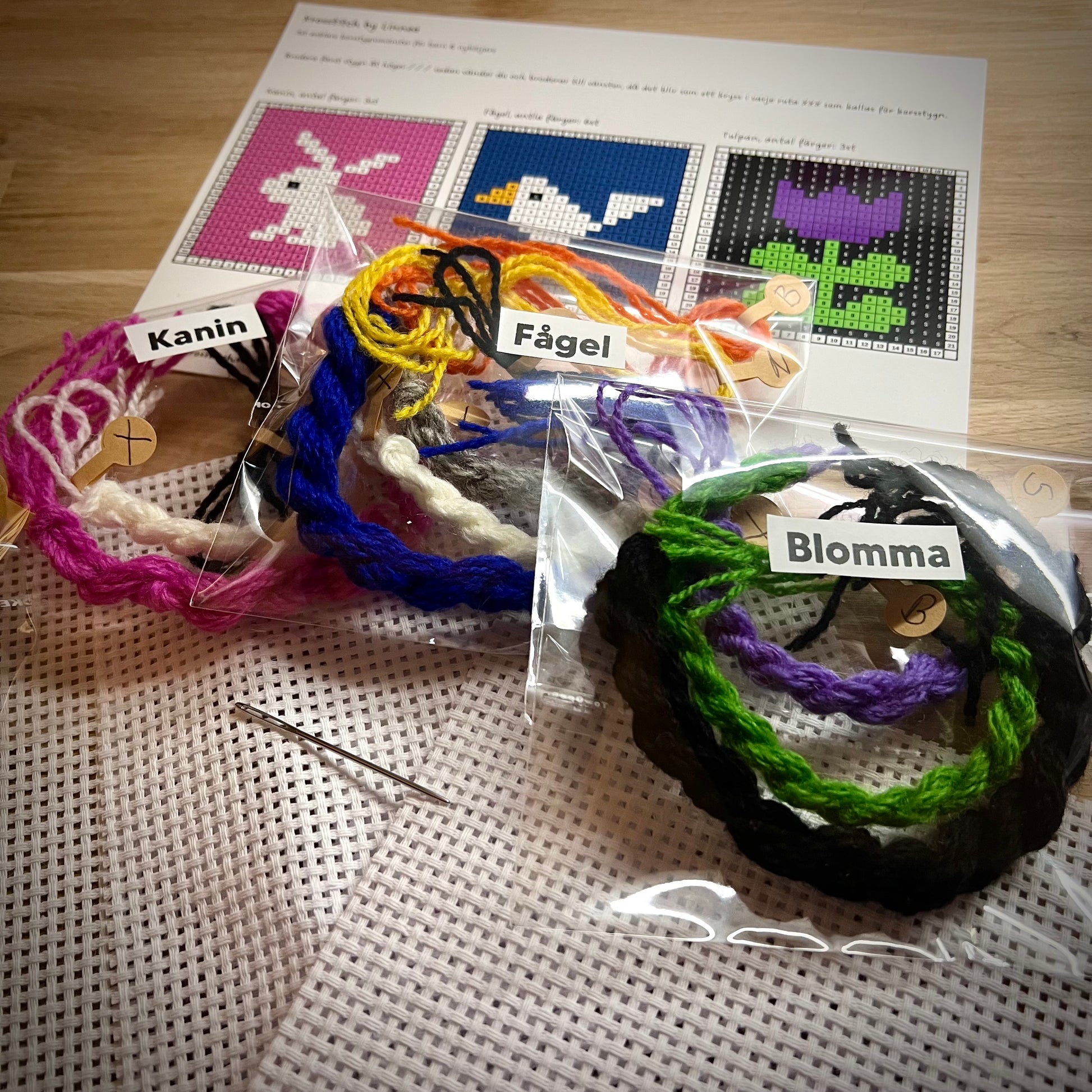 Broderikit med ullgarn, 3st småbroderier, för barn & nybörjare