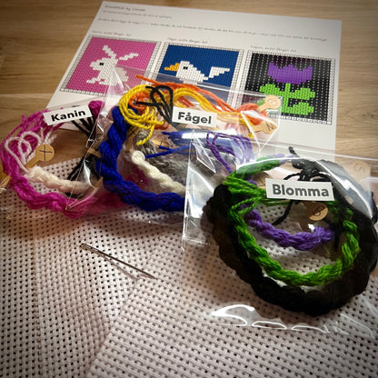 Broderikit med ullgarn, 3st småbroderier, för barn & nybörjare