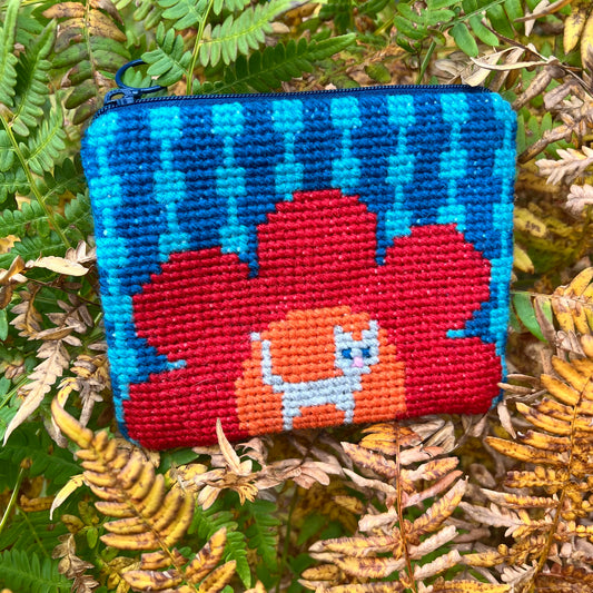 Broderi & sykit, liten börs ”retrokatten” röd blomma, 11x14cm