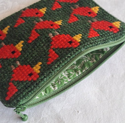 Handgjord unik börs, fina finkar, grön/röd