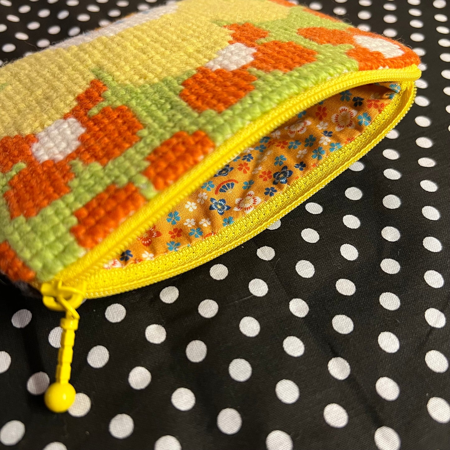 Handgjord unik börs, retro blomma orange 11x14,5cm