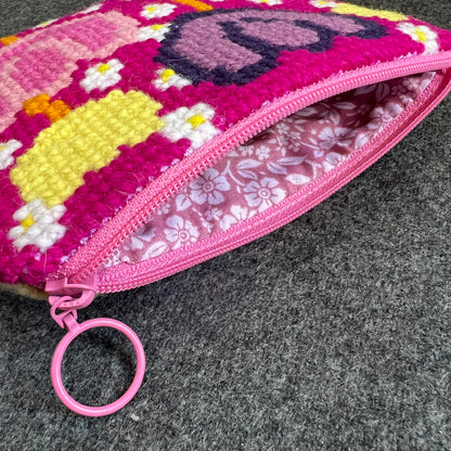 Handgjord unik börs, blomsterlandet rosa/gul 12x15cm