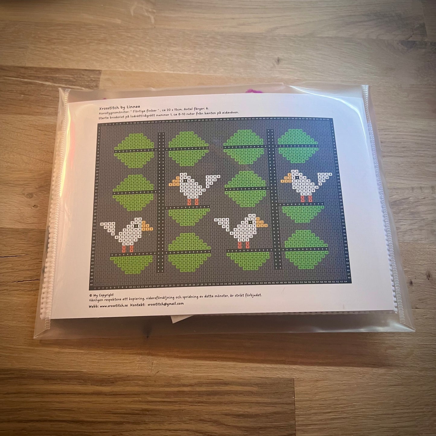 Broderikit med ullgarn ” flörtiga finkar ” 20x15cm