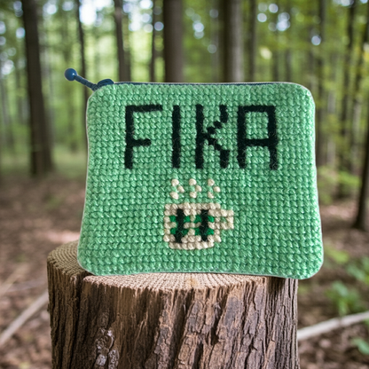 Handgjord unik börs, med texten ”fika”, mintgrön
