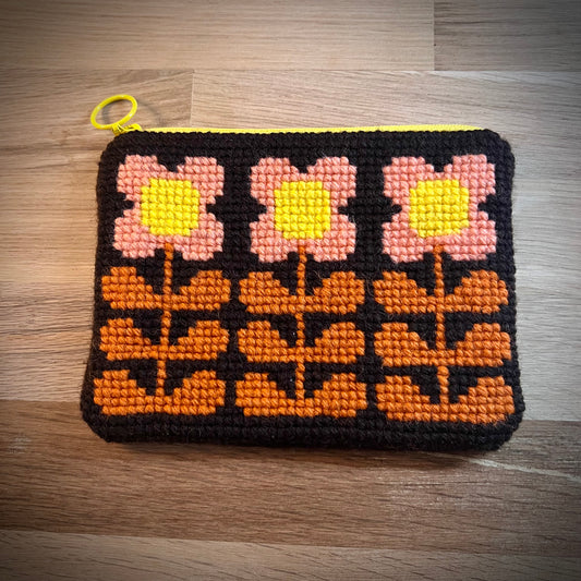 Handgjord unik börs, 3 retroblommor brun/orange