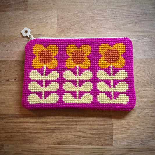 Handgjord unik börs, 3 retroblommor rosa/gul/orange 17x12cm
