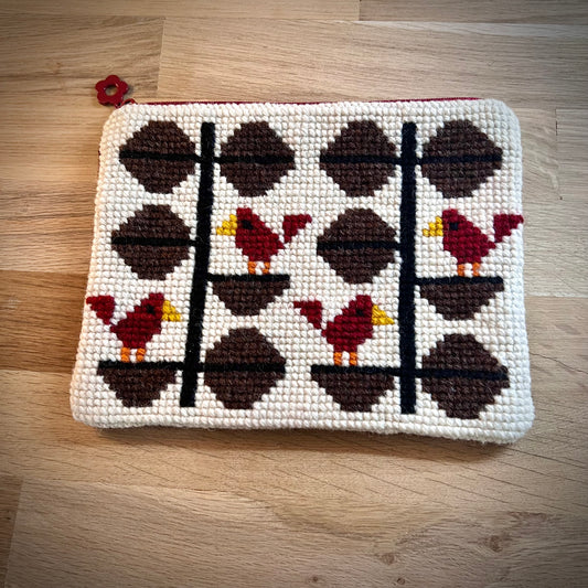 Handgjord unik börs, flörtiga finkar brun/beige/röd