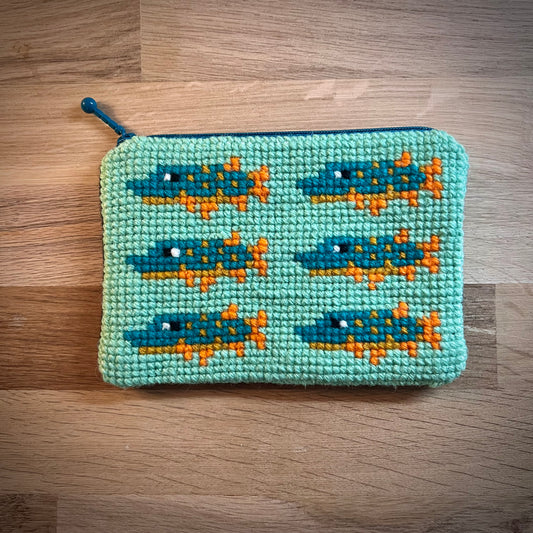 Handgjord unik börs, gäddgäddgänget, aqua/orange