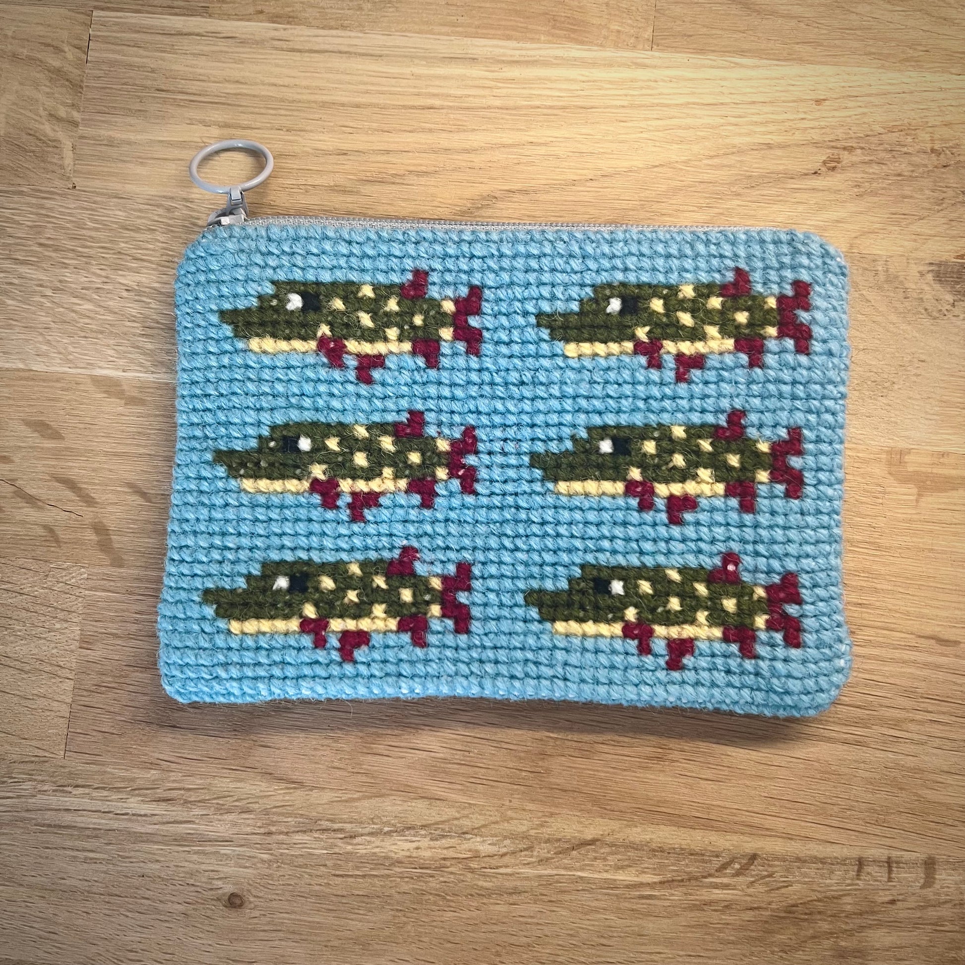 Handgjord unik börs, ”gäddgänget” ljusblå 15x10,5cm