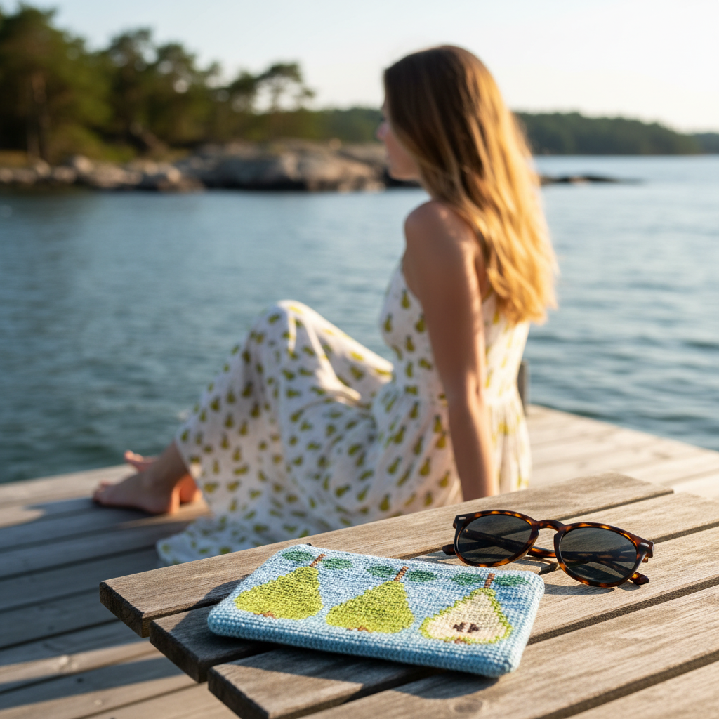 Päronfodralet stort i fokus med skärgårdsbakgrund